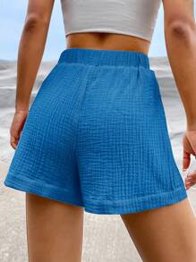 SHEIN EZwear 休閒前綁帶蝴蝶結純色女士短褲 - 藍色 - 查看 2