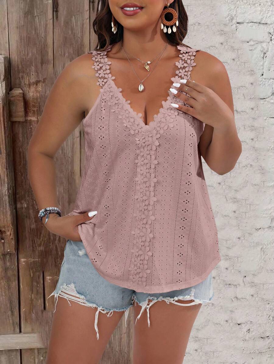 SHEIN LUNE 大碼拼接水溶蕾絲背心上衣 - 藕粉色 - 查看 1