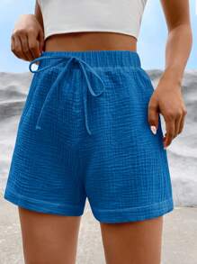 SHEIN EZwear 休閒前綁帶蝴蝶結純色女士短褲 - 藍色 - 查看 3