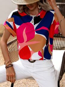 SHEIN Clasi Allover Print Batwing Sleeve Blouse - Multicolor - View 6
