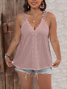 SHEIN LUNE 大碼拼接水溶蕾絲背心上衣 - 藕粉色 - 查看 4
