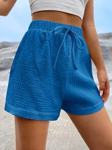 SHEIN EZwear 休閒前綁帶蝴蝶結純色女士短褲 - 藍色 - 查看 4
