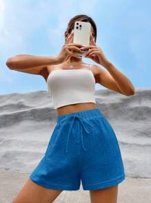 SHEIN EZwear 休閒前綁帶蝴蝶結純色女士短褲 - 藍色 - 查看 5