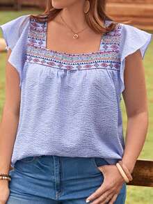 EMERY ROSE Plus Geo Print Square Neck Butterfly Sleeve Blouse - Blue and White - View 3