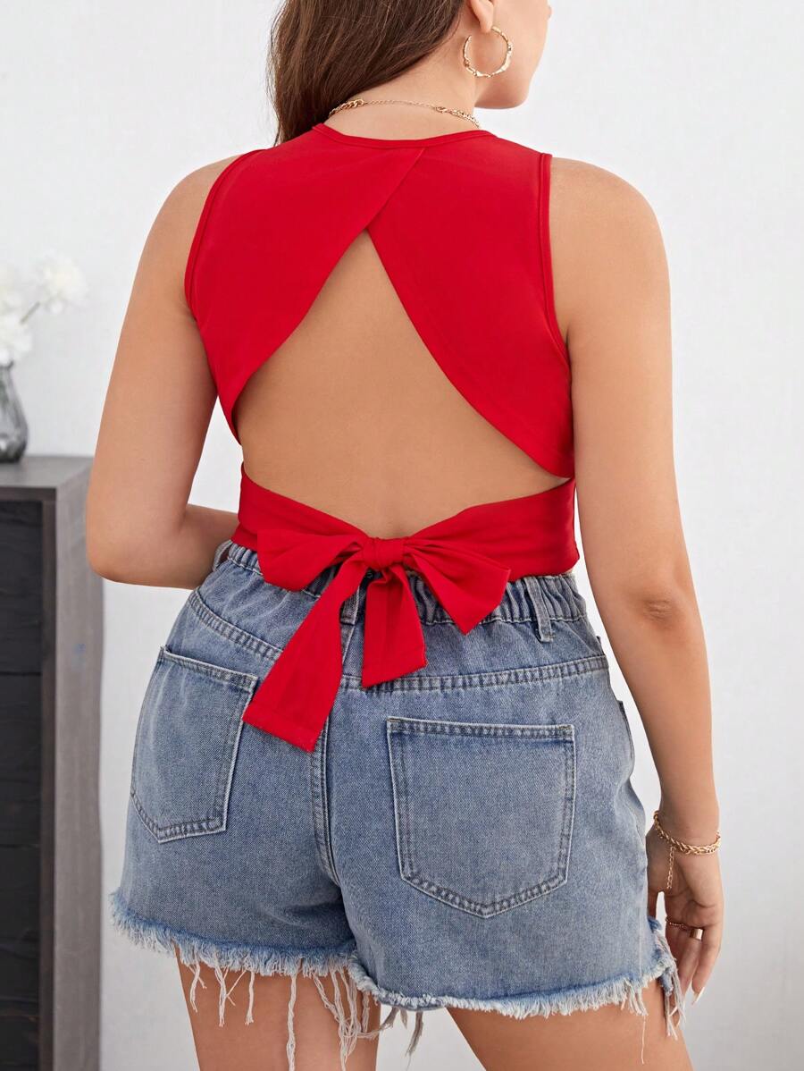 SHEIN Privé Plus Tie Backless Crop Tank Top - Red - View 1