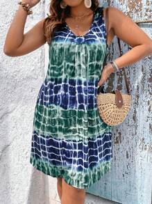 SHEIN LUNE 大码女式夏季不对称渐变印花无袖连衣裙，A字廓形，适合度假、假日、休闲度假