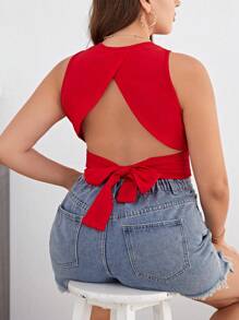 SHEIN Privé Plus Tie Backless Crop Tank Top - Red - View 4