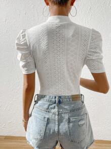 SHEIN Privé Eyelet Embroidery Puff Sleeve Wrap Cross Bodysuit - White - View 2