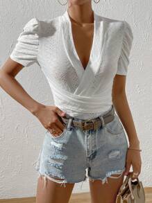 SHEIN Privé Eyelet Embroidery Puff Sleeve Wrap Cross Bodysuit - White - View 5