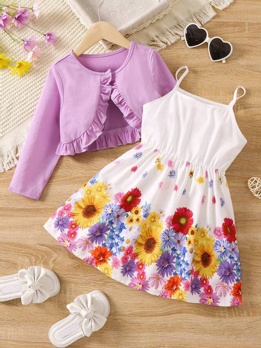 SHEIN Conjunto de chaqueta con ribete de volantes y vestido de tirantes con estampado floral para niñas pequeñas - Multicolor - Ver 1