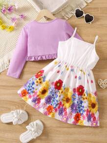 SHEIN Conjunto de chaqueta con ribete de volantes y vestido de tirantes con estampado floral para niñas pequeñas - Multicolor - Ver 2