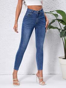 High Waist Skinny Jeans - Dark Wash - View 6