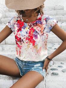 SHEIN LUNE Floral Print Batwing Sleeve Blouse - Apricot - View 1