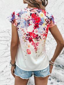 SHEIN LUNE Floral Print Batwing Sleeve Blouse - Apricot - View 2