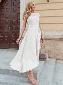 MIUSOL 花卉蕾丝荷叶边领雪纺长裙，适合正式派对、半正式场合、优雅晚宴 - 白色 - 查看 2