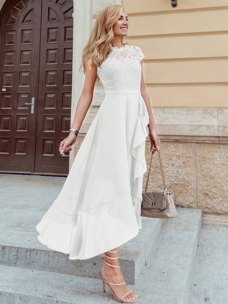 MIUSOL 花卉蕾丝荷叶边领雪纺长裙，适合正式派对、半正式场合、优雅晚宴