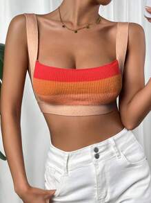 SHEIN EZwear Áo dệt kim nữ Gân đan Sọc Gợi cảm - trái cam - Xem 1