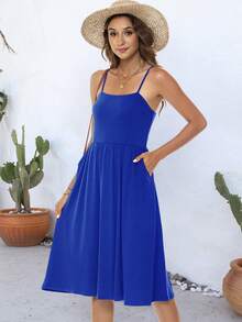 Solid Slant Pocket Cami Dress - Royal Blue - View 3