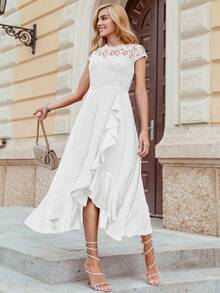 MIUSOL 花卉蕾丝荷叶边领雪纺长裙，适合正式派对、半正式场合、优雅晚宴 - 白色 - 查看 6