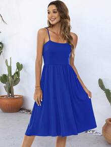 Solid Slant Pocket Cami Dress - Royal Blue - View 5