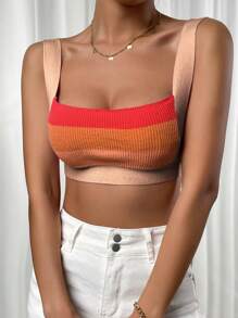 SHEIN EZwear Áo dệt kim nữ Gân đan Sọc Gợi cảm - trái cam - Xem 6