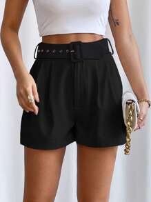 Firerie Quần đùi nữ Thắt lưng Túi Thùa khuyết màu trơn Giải trí - màu đen - Xem 6