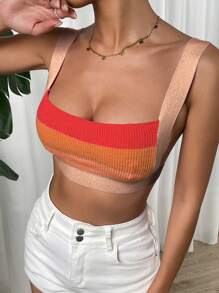 SHEIN EZwear Áo dệt kim nữ Gân đan Sọc Gợi cảm - trái cam - Xem 8