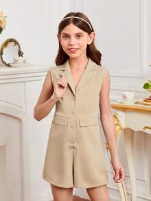 SHEIN 休閒前紐扣純色女童連身褲 - 米色 - 查看 3