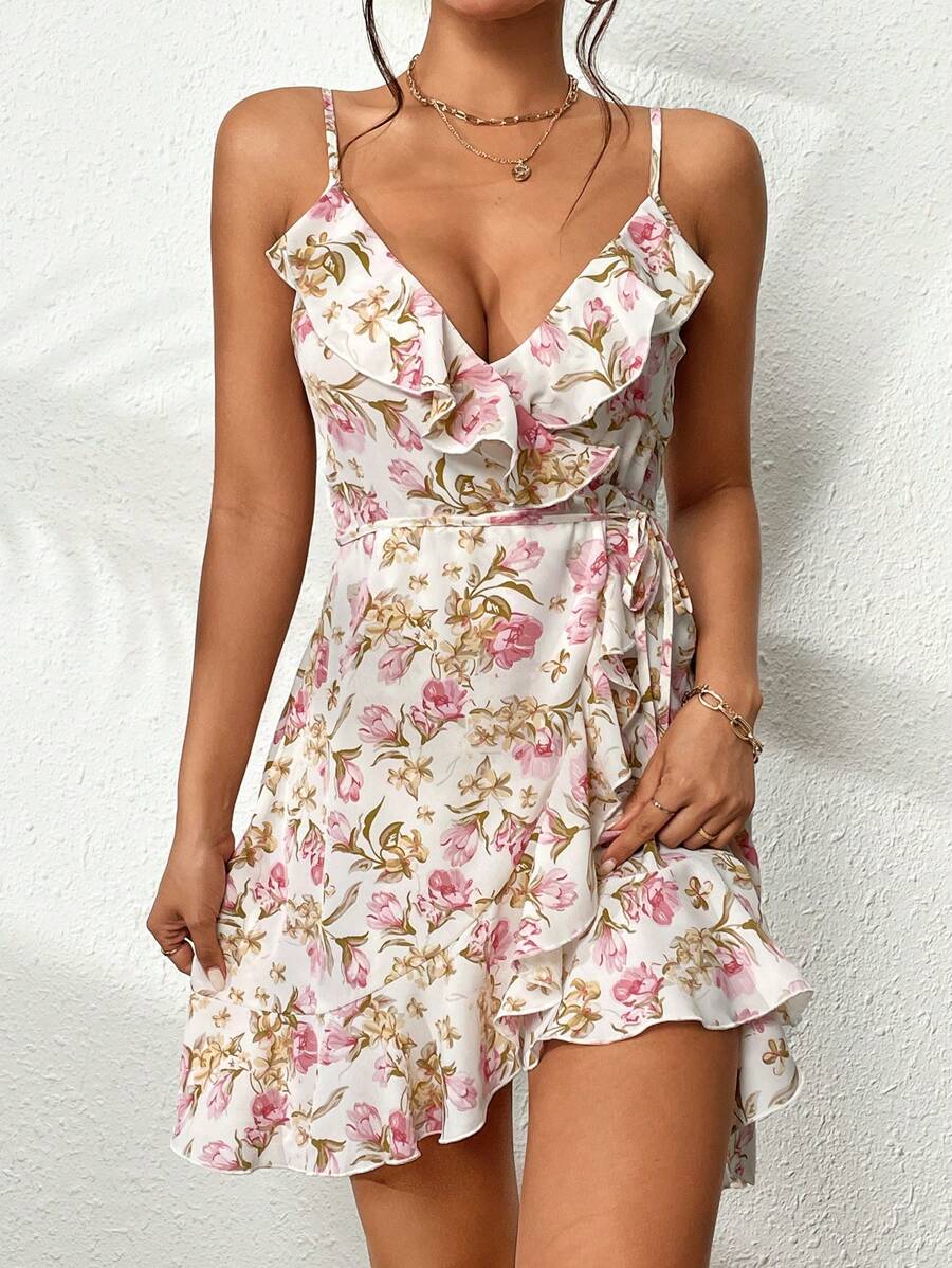SHEIN VCAY Floral Print Ruffle Trim Tie Side Wrap Hem Cami Dress - Multicolor - View 1