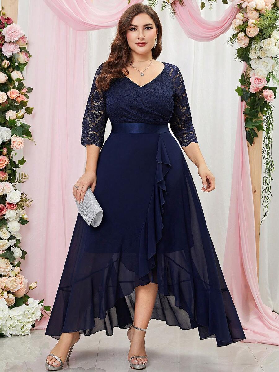 Plus Size Contrast Lace Chiffon Ruffle Trim Wrap Hem Formal Party Dress - Navy Blue - View 1