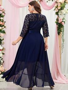 Plus Size Contrast Lace Chiffon Ruffle Trim Wrap Hem Formal Party Dress - Navy Blue - View 2