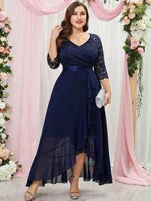Plus Size Contrast Lace Chiffon Ruffle Trim Wrap Hem Formal Party Dress - Navy Blue - View 3