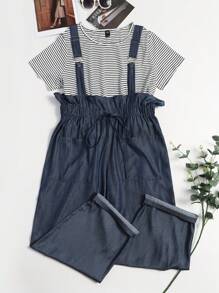 SHEIN LUNE de rayas Camiseta & de cintura con volante con nudo delantero Mono overol - Azul Marino - Ver 1