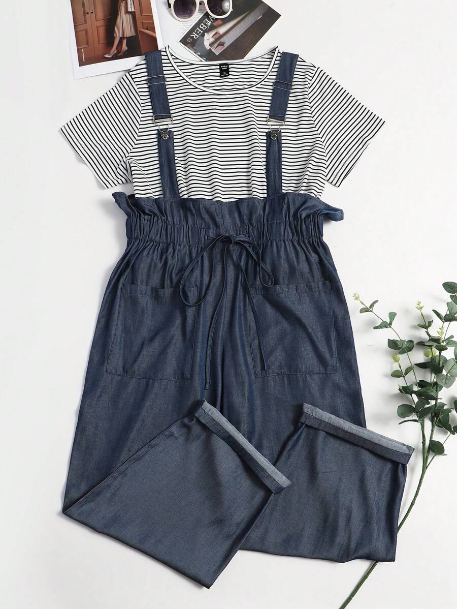 SHEIN LUNE de rayas Camiseta & de cintura con volante con nudo delantero Mono overol - Azul Marino - Ver 1