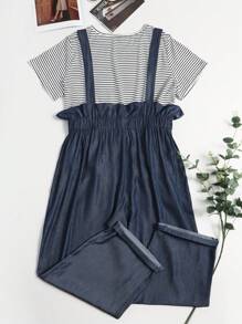SHEIN LUNE de rayas Camiseta & de cintura con volante con nudo delantero Mono overol - Azul Marino - Ver 2