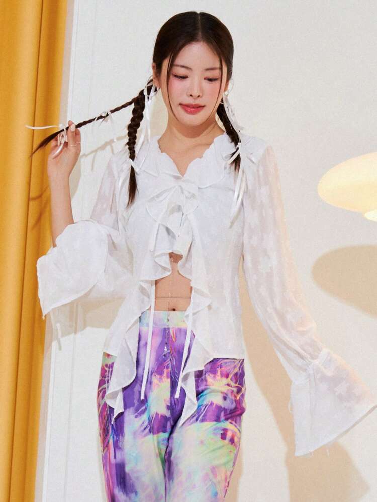 Ruffle Trim Flounce Sleeve Knot Front Asymmetrical Hem Blouse Long Sleeve Top