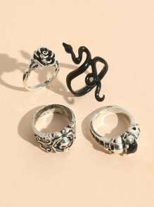 ROMWE Goth 4pcs Funky Zinc Alloy Snake Skull & Floral Decor Ring For Women For Daily Decoration - Multicolor - View 2