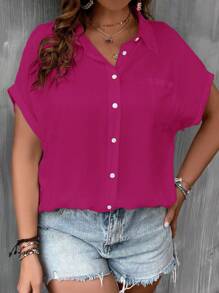 SHEIN LUNE Plus Batwing Sleeve Pocket Patched Shirt - Hot Pink - View 3