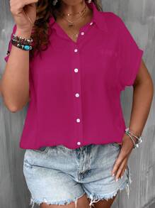 SHEIN LUNE Plus Batwing Sleeve Pocket Patched Shirt - Hot Pink - View 4