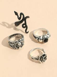 ROMWE Goth 4pcs Funky Zinc Alloy Snake Skull & Floral Decor Ring For Women For Daily Decoration - Multicolor - View 4