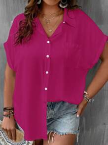 SHEIN LUNE Plus Batwing Sleeve Pocket Patched Shirt - Hot Pink - View 6