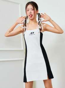 DAZY Letter Graphic Colourblock Slit Hem Cami Jumper Dress - Black and White - View 2