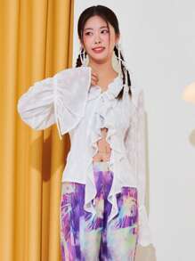 DAZY Ruffle Trim Flounce Sleeve Knot Front Asymmetrical Hem Blouse