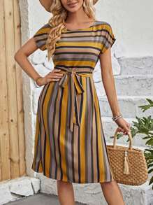 EMERY ROSE Plus Size Women'S Striped Belted Dress For Spring - Multicolor - View 3