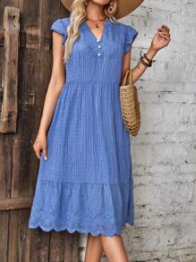 EMERY ROSE Eyelet Embroidery Scallop Trim Ruffle Hem Dress - Blue - View 1