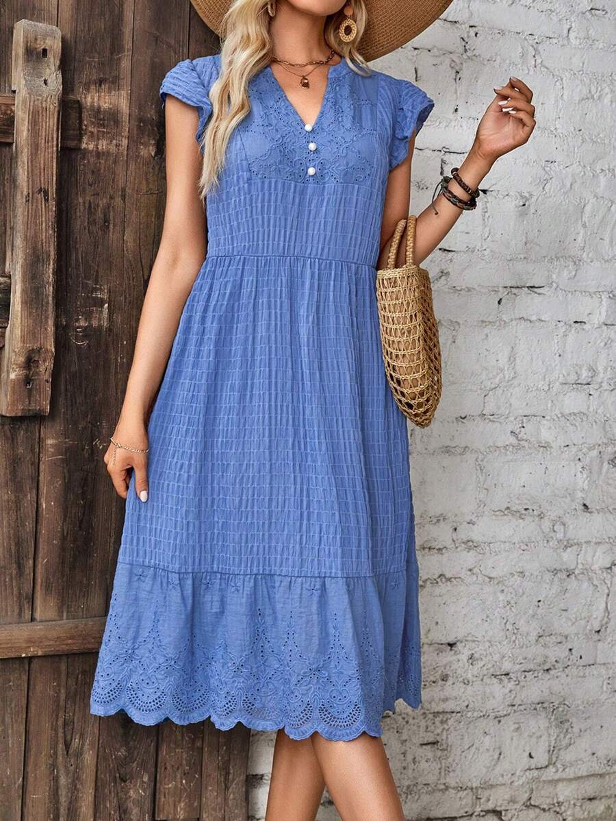 EMERY ROSE Eyelet Embroidery Scallop Trim Ruffle Hem Dress - Blue - View 1