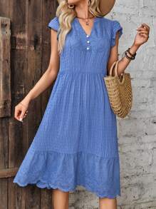 EMERY ROSE Eyelet Embroidery Scallop Trim Ruffle Hem Dress - Blue - View 3