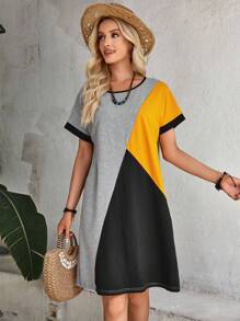 EMERY ROSE Vestido estilo camiseta de color combinado de manga murciélago - Multicolor - Ver 2