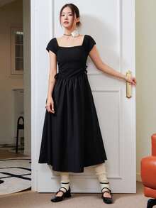 DAZY 素色方領抽褶腰A字連衣裙 - 黑色 - 查看 3