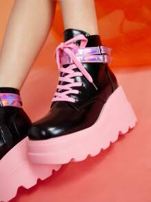 ROMWE Anime Giày Cao gót Nữ Ren lên Khối Màu Đúng mốt - màu đen - Xem 2